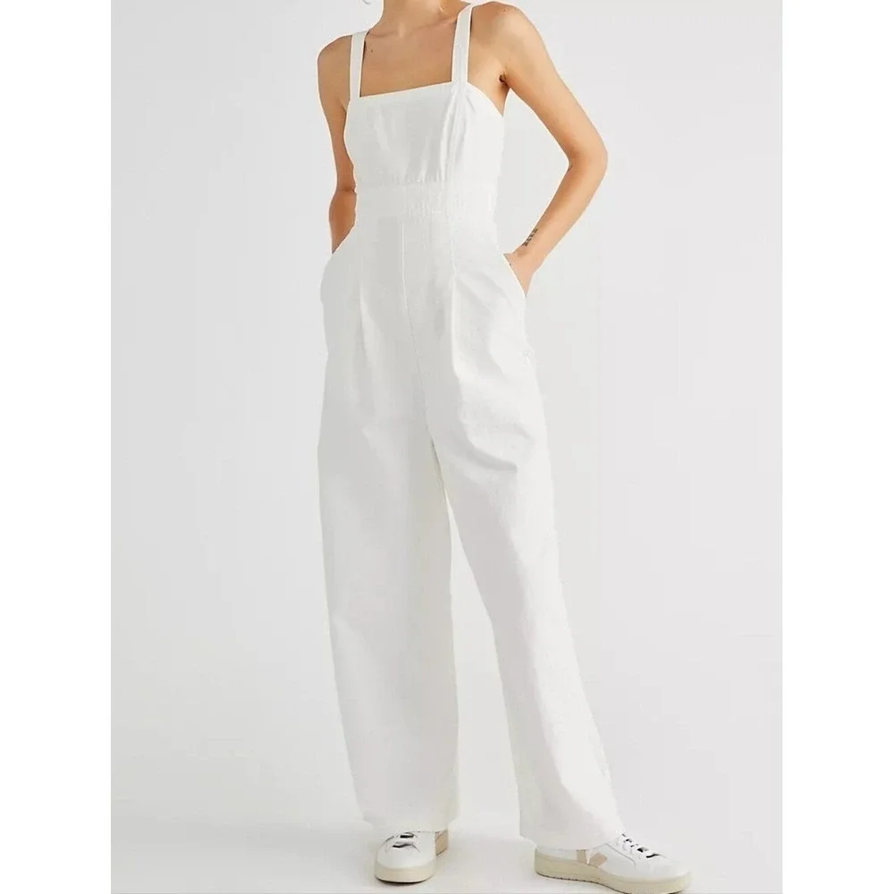 Free People Charlie Utility Jumpsuit White Denim Boho Work Garden Coastal Medium